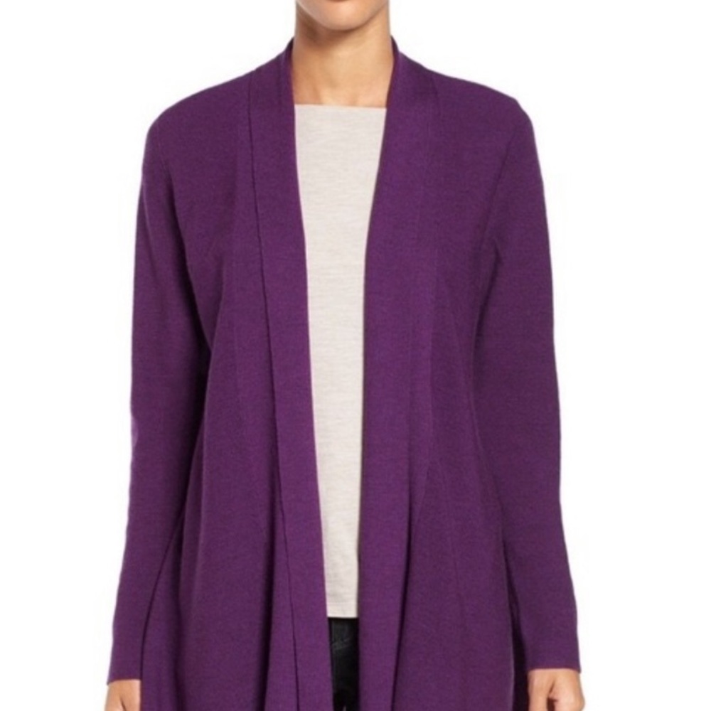 Eileen Fisher Purple 100% Merino Wool Open Front Cardigan